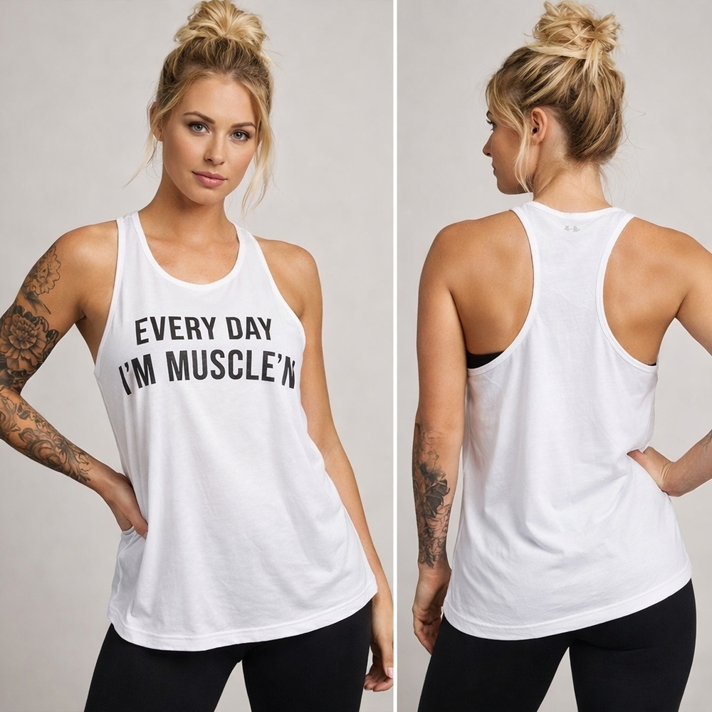 Under Armour White Racerback Tank with Black Graphic